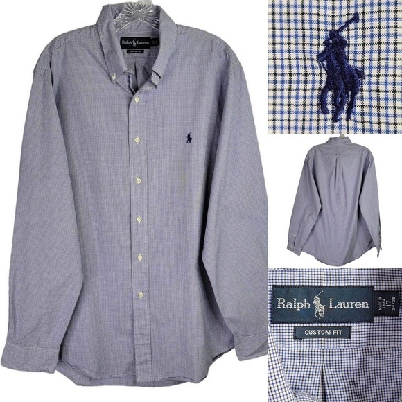 Polo Ralph Lauren Shirt Oxford Men's XL 17 Blue Plaid LS Button Down Cotton - Picture 1 of 9